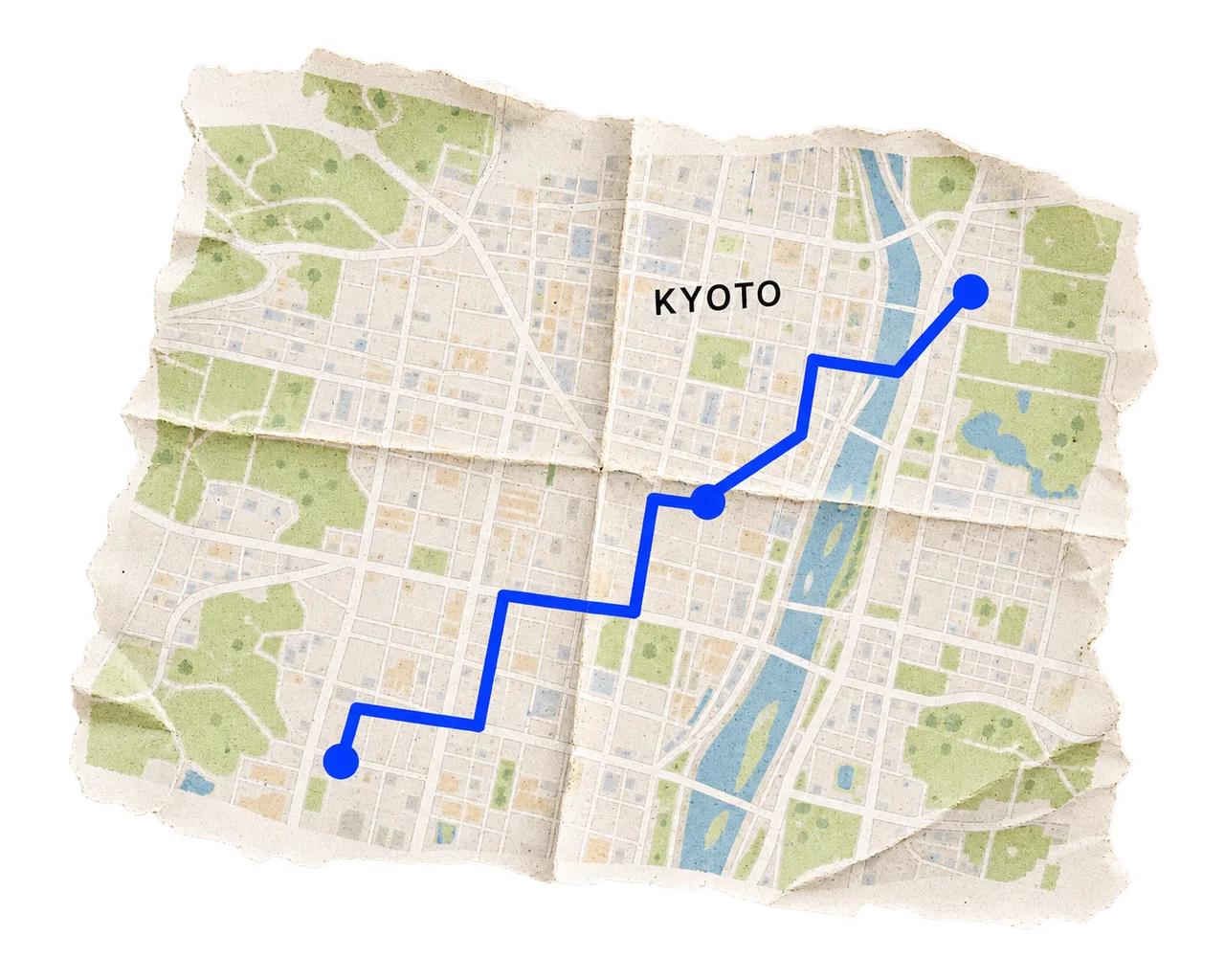 青いルートが描かれた京都の地図風の紙片